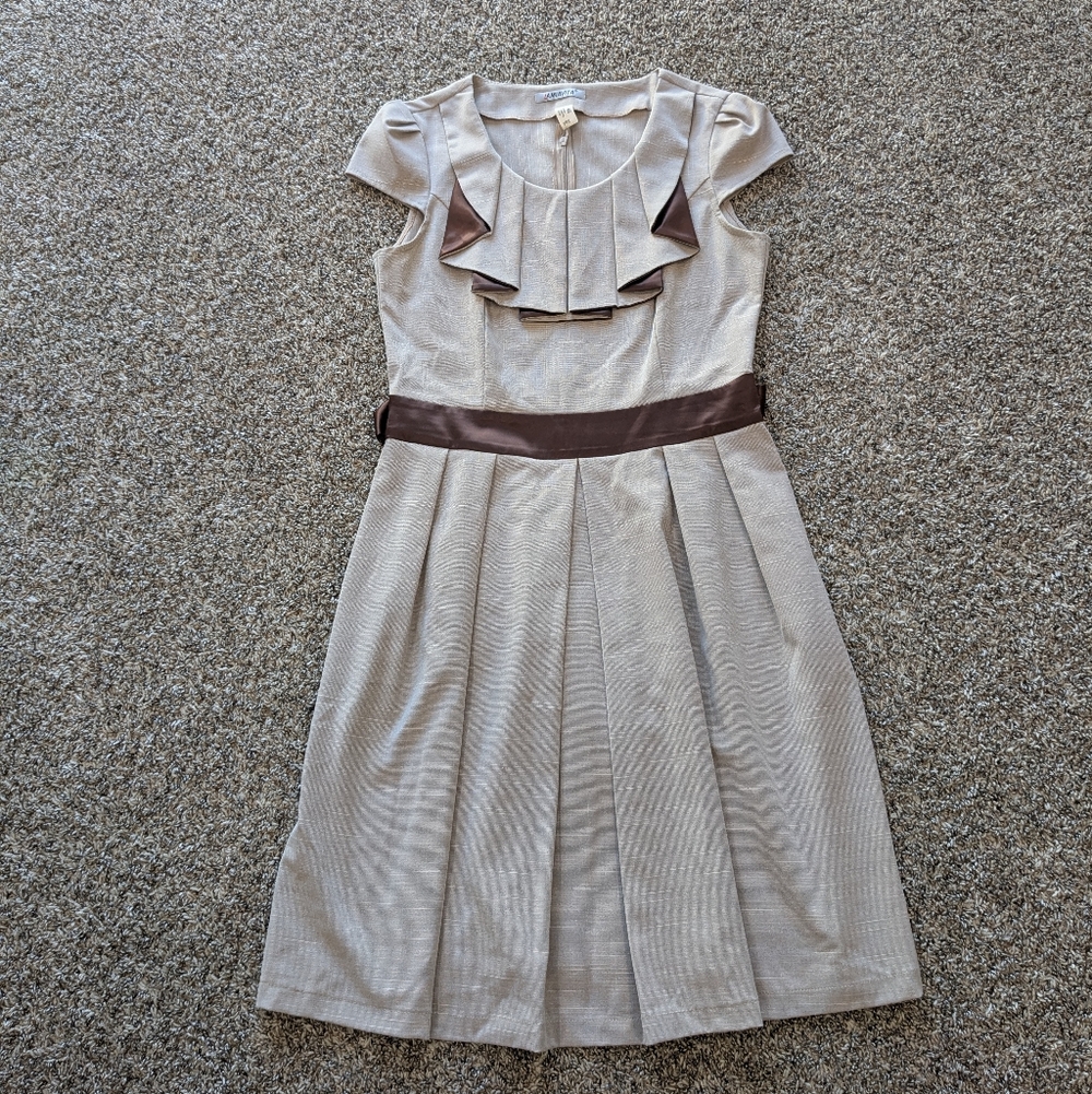 Lamiavita Pleated Retro Scoop Neck Knee Length Dress Size 46 / Small Brown